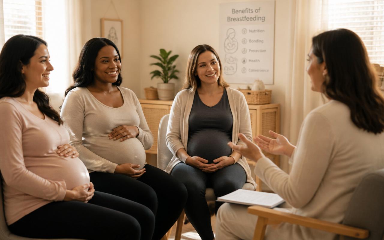 A small group of diverse parents in a warm, sunlit breastfeeding class.